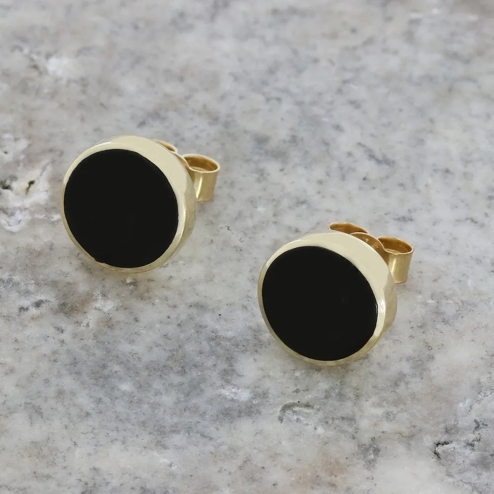 Whitby Jet 9ct Yellow Gold Round Stud Earrings