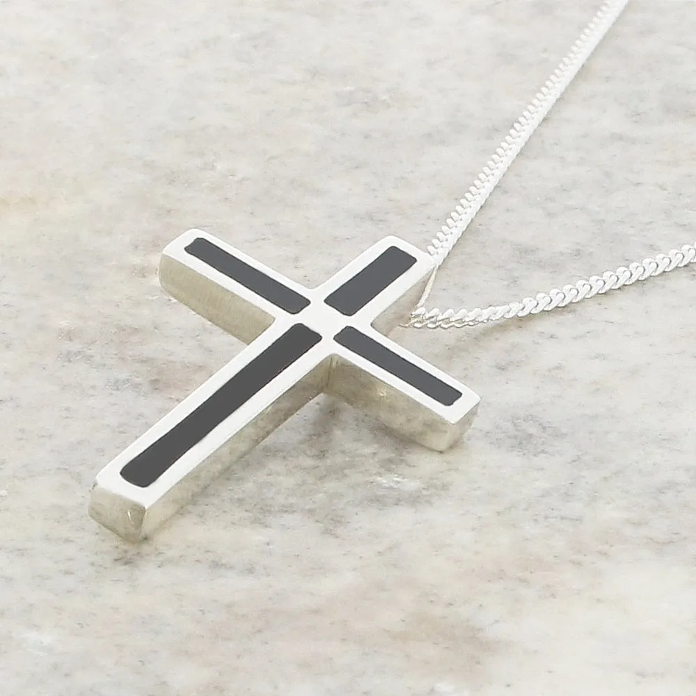Whitby Jet Sterling Silver Cross Pendant and Chain