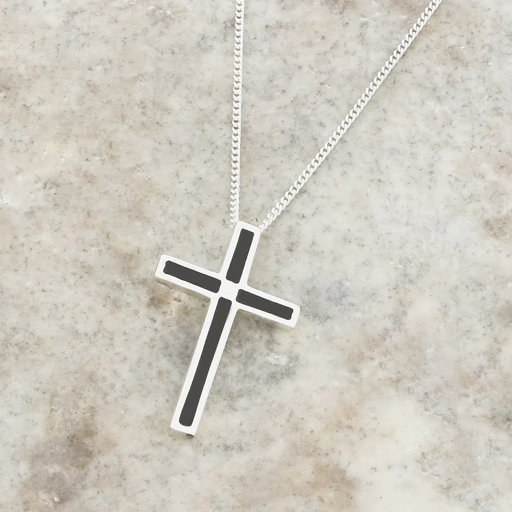 Whitby Jet Sterling Silver Cross Pendant and Chain