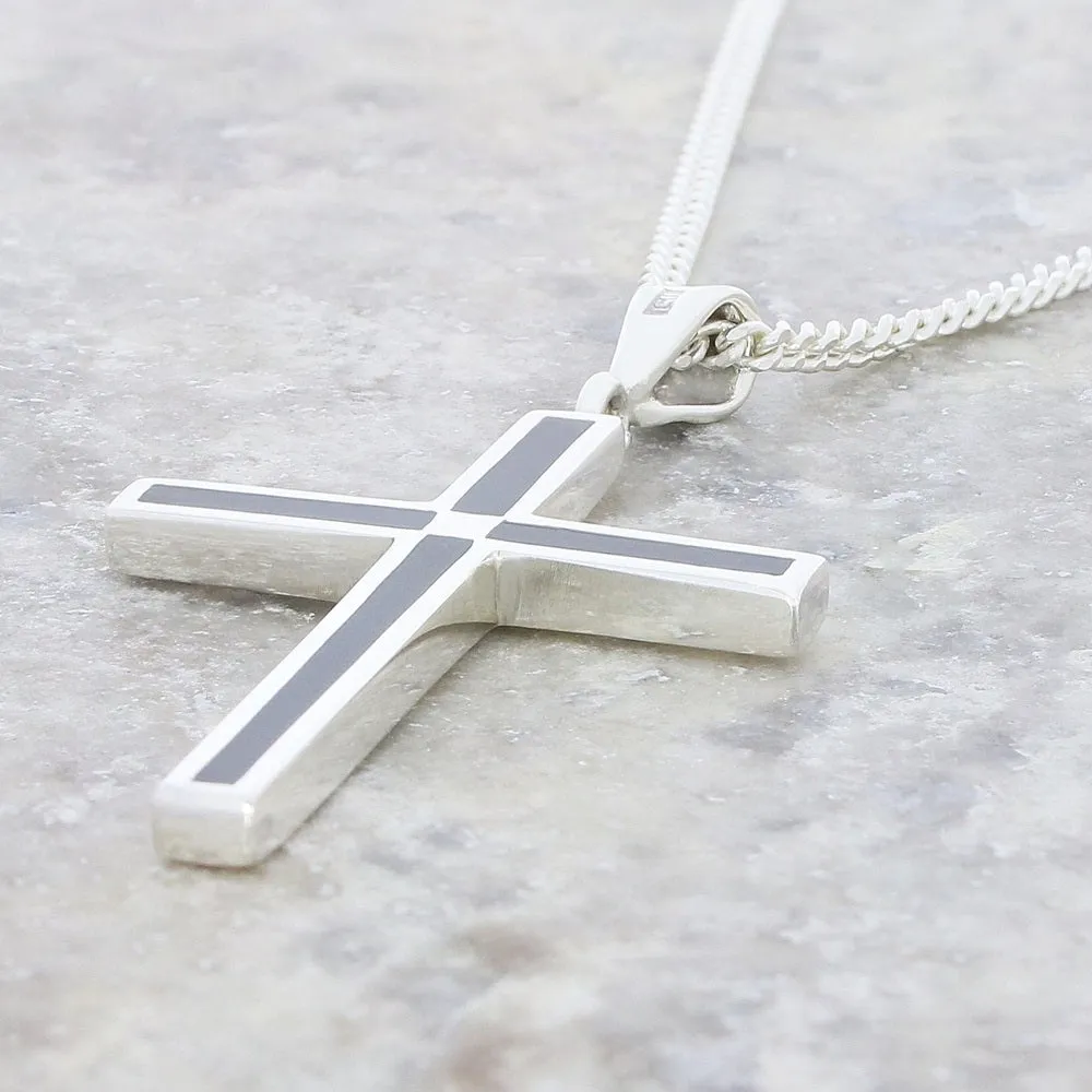 Whitby Jet Sterling Silver Cross Pendant and Chain