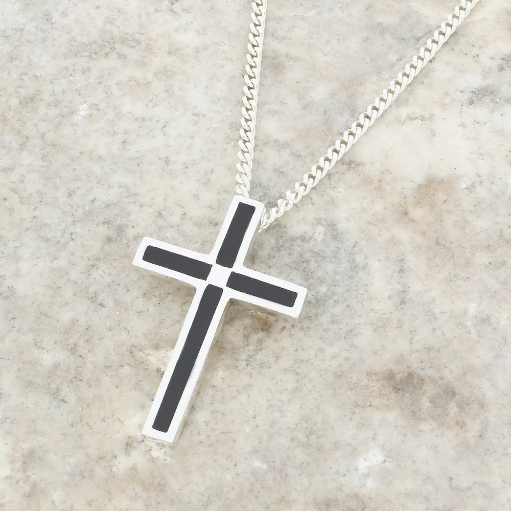 Whitby Jet Sterling Silver Cross Pendant and Chain