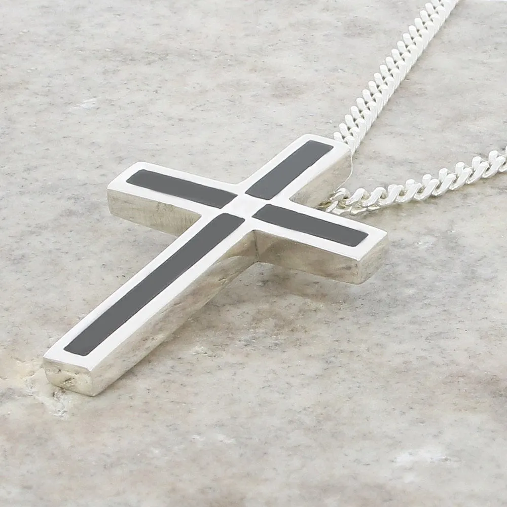 Whitby Jet Sterling Silver Cross Pendant and Chain