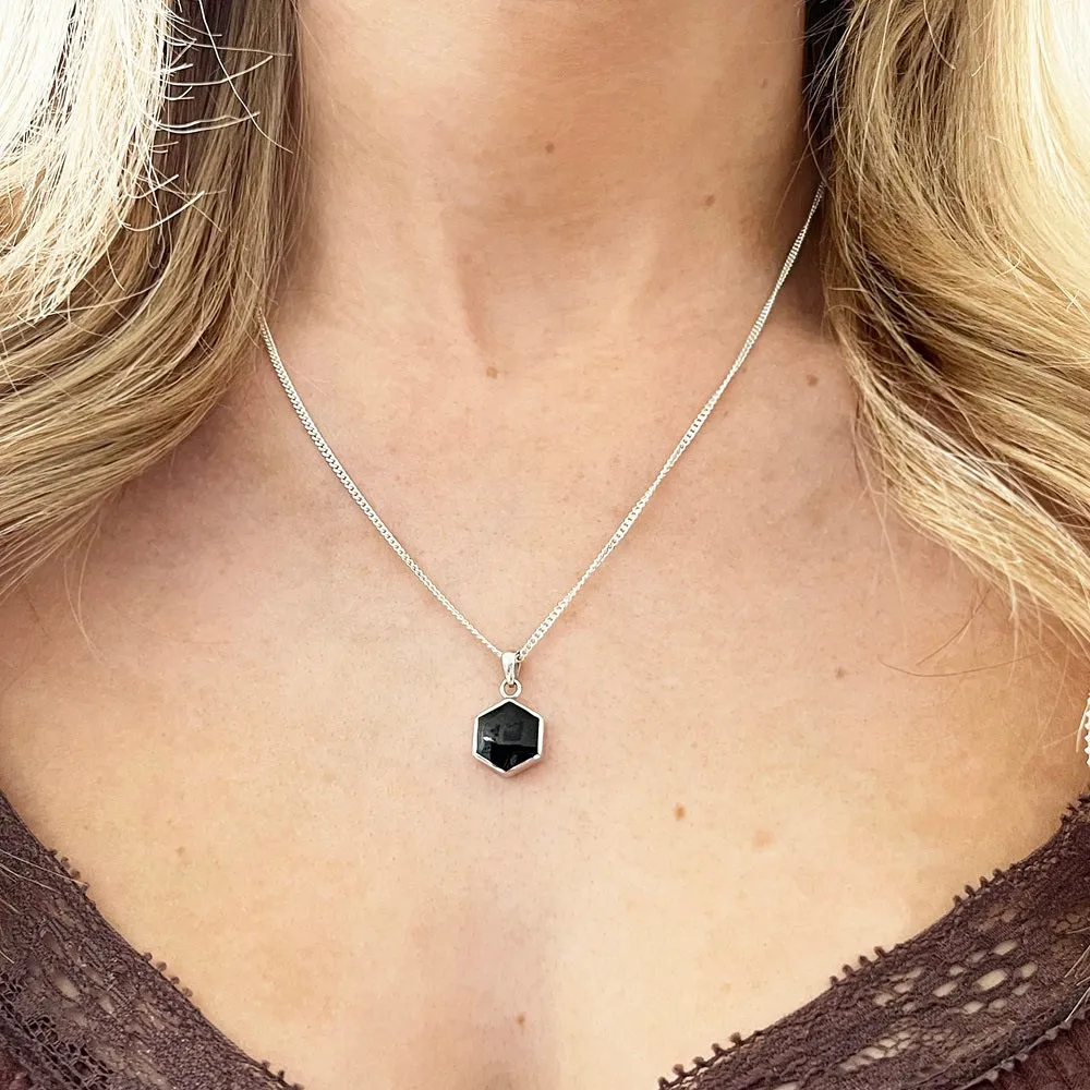 Whitby Jet Sterling Silver Hexagonal Pendant and Chain