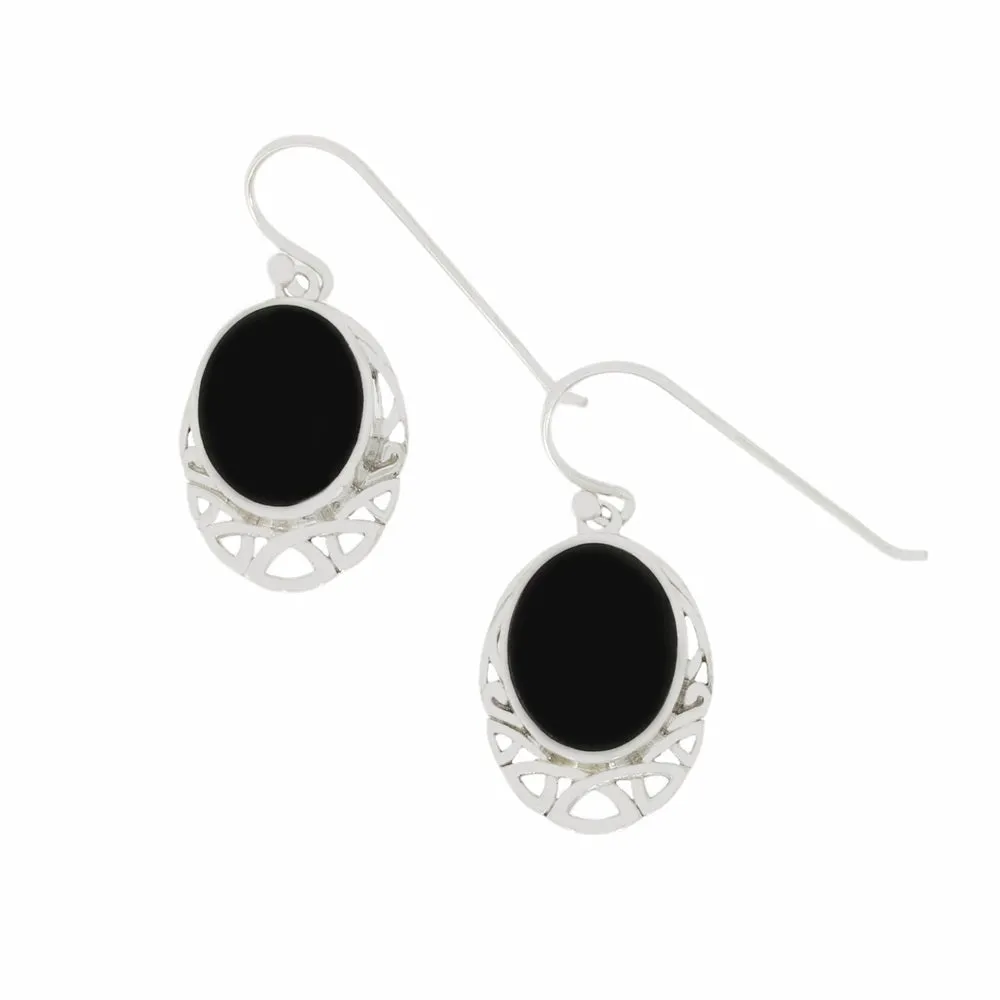 Whitby Jet Sterling Silver Oval Celtic Drop Earrings