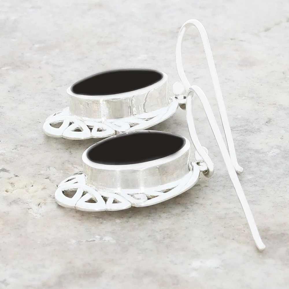 Whitby Jet Sterling Silver Oval Celtic Drop Earrings