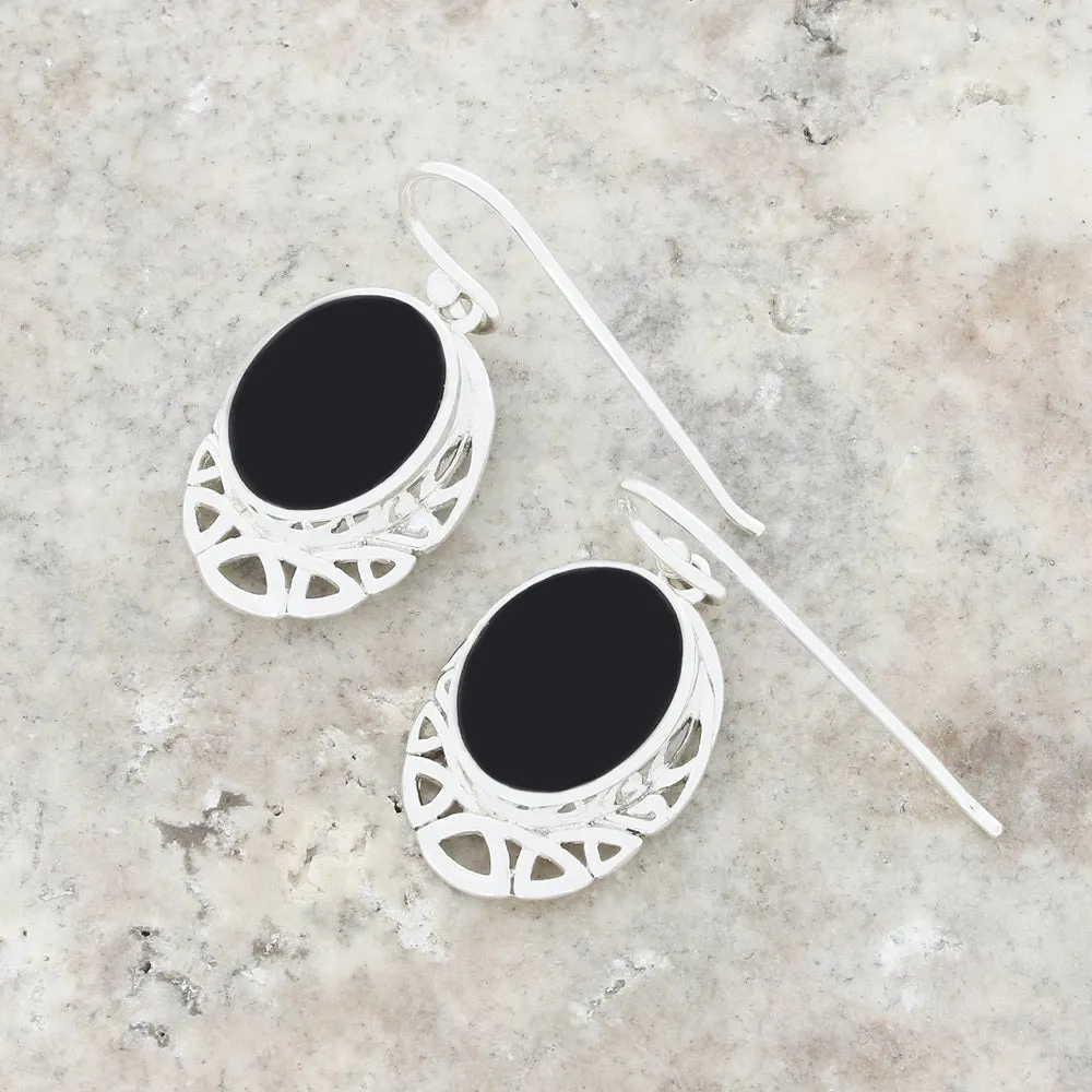 Whitby Jet Sterling Silver Oval Celtic Drop Earrings