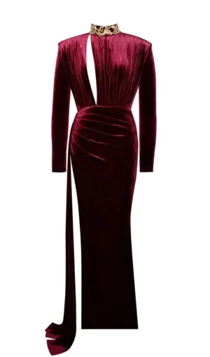 ZENAIDA BURGUNDY CUTOUT HIGH SLIT VELVET GOWN Gloria Lanvin
