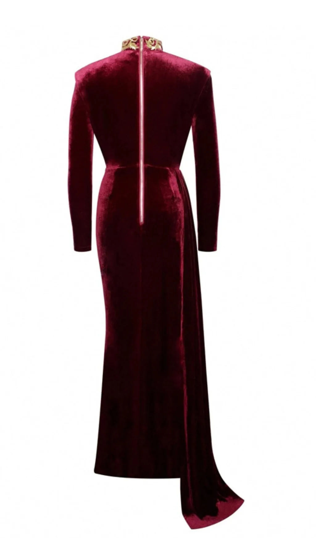 ZENAIDA BURGUNDY CUTOUT HIGH SLIT VELVET GOWN Gloria Lanvin